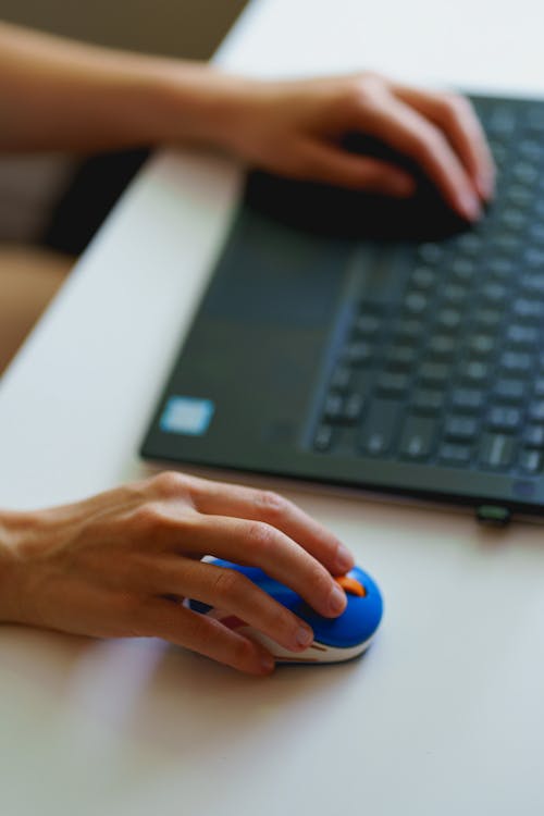 Femme utilisant une mini souris externe logitech avec un ordinateur portable dans un bureau à domicile.