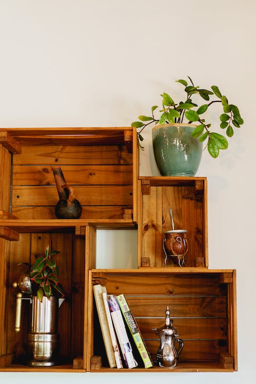 Etagères en bois avec une bombilla, des accessoires pour le thé et le café et une plante dans un pot vert